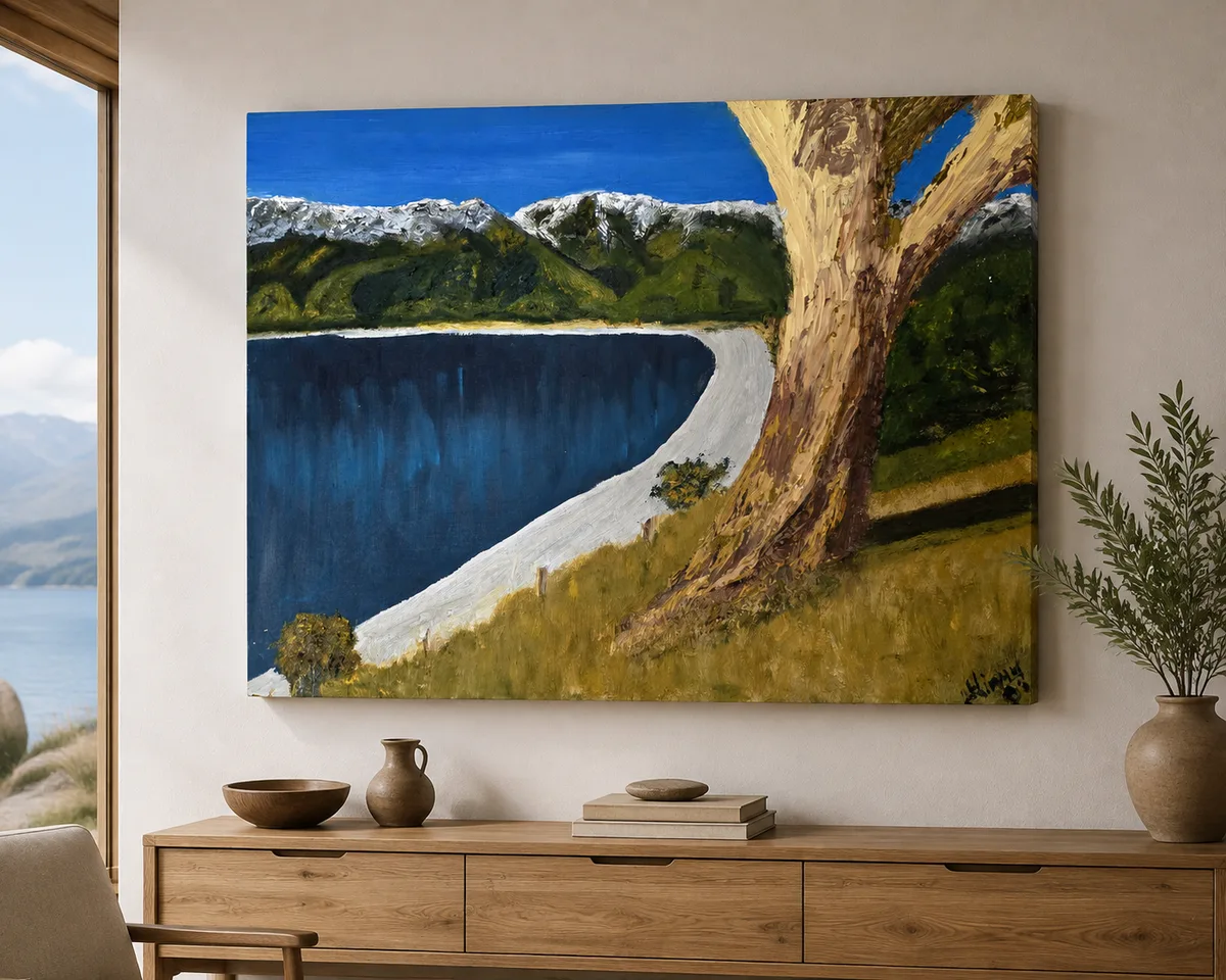 Commissioned canvas of a lake shore and old tree, displayed at scale in a living room